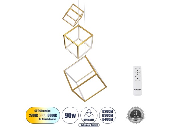 GLOBOSTAR® KIBOO-TRIO 60932 Μοντέρνο Κρεμαστό Φωτιστικό Οροφής LED 90W 10350lm 360° AC 220-240V IP20 Ρυθμιζόμενο Λευκό CCT με Χειριστήριο από 2700K έως 6000K Dimmable - Lumileds SMD Chip - Χρυσό - Μ60 x Π60 x Υ80cm - 3 Χρόνια Εγγύηση GLOBOSTAR® KIBOO-TRIO 60932 Μοντέρνο Κρεμαστό Φωτιστικό Οροφής LED 90W 10350lm 360° AC 220-240V IP20 Ρυθμιζόμενο Λευκό CCT με Χειριστήριο από 2700K έως 6000K Dimmable - Lumileds SMD Chip - Χρυσό - Μ60 x Π60 x Υ80cm - 3 Χρόνια Εγγύηση