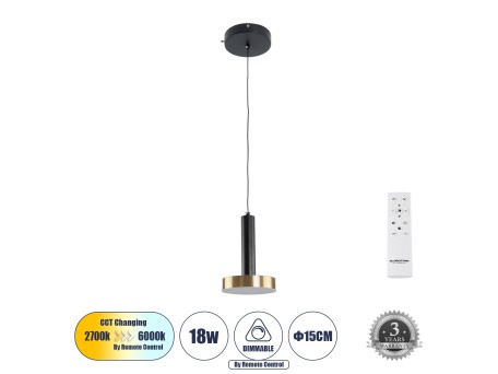 GLOBOSTAR® ZANE 60933 Μοντέρνο Κρεμαστό Φωτιστικό Οροφής LED 18W 2016lm 120° AC 220-240V IP20 Ρυθμιζόμενο Λευκό CCT με Χειριστήριο από 2700K έως 6000K Dimmable - Lumileds SMD Chip - Μαύρο Ματ & Χρυσό - Μ15 x Π15 x Υ20cm - 3 Χρόνια Εγγύηση