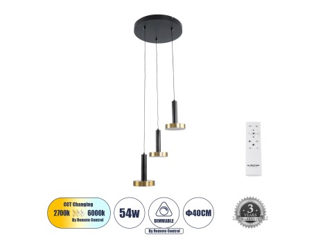 GLOBOSTAR® ZANE 60934 Μοντέρνο Κρεμαστό Φωτιστικό Οροφής LED 54W 6048lm 120° AC 220-240V IP20 Ρυθμιζόμενο Λευκό CCT με Χειριστήριο από 2700K έως 6000K Dimmable - Lumileds SMD Chip - Μαύρο Ματ & Χρυσό - Μ40 x Π40 x Υ20cm - 3 Χρόνια Εγγύηση