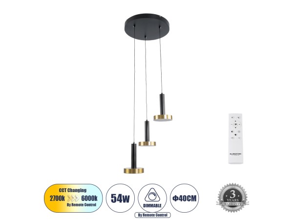 GLOBOSTAR® ZANE 60934 Μοντέρνο Κρεμαστό Φωτιστικό Οροφής LED 54W 6048lm 120° AC 220-240V IP20 Ρυθμιζόμενο Λευκό CCT με Χειριστήριο από 2700K έως 6000K Dimmable - Lumileds SMD Chip - Μαύρο Ματ & Χρυσό - Μ40 x Π40 x Υ20cm - 3 Χρόνια Εγγύηση