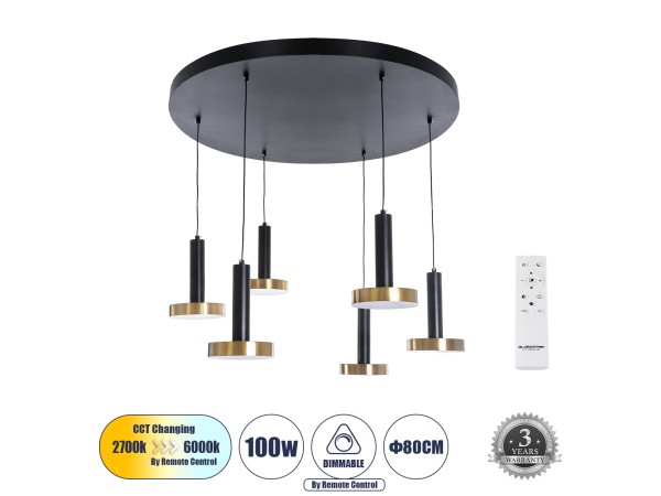 GLOBOSTAR® ZANE 60935 Μοντέρνο Κρεμαστό Φωτιστικό Οροφής LED 100W 11200lm 120° AC 220-240V IP20 Ρυθμιζόμενο Λευκό CCT με Χειριστήριο από 2700K έως 6000K Dimmable - Lumileds SMD Chip - Μαύρο Ματ & Χρυσό - Μ80 x Π80 x Υ20cm - 3 Χρόνια Εγγύηση