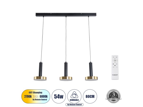 GLOBOSTAR® ZANE 60936 Μοντέρνο Κρεμαστό Φωτιστικό Οροφής LED 54W 6048lm 120° AC 220-240V IP20 Ρυθμιζόμενο Λευκό CCT με Χειριστήριο από 2700K έως 6000K Dimmable - Lumileds SMD Chip - Μαύρο Ματ & Χρυσό - Μ80 x Π15 x Υ20cm - 3 Χρόνια Εγγύηση