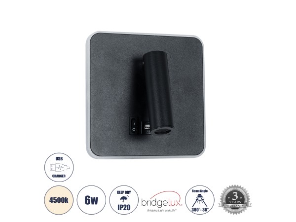GLOBOSTAR® LADY-S 60942 Μοντέρνο Φωτιστικό Τοίχου - Απλίκα Ξενοδοχείου Reading Light με Φορτιστή USB 3A LED 6W 600lm 36° & 360° AC 220-240V IP20 Φυσικό Λευκό 4500K - Bridgelux COB Chip & TÜV SÜD Driver - Μαύρο Ματ - Μ15 x Π15 x Υ7cm - 3 Χρόνια Εγγύηση