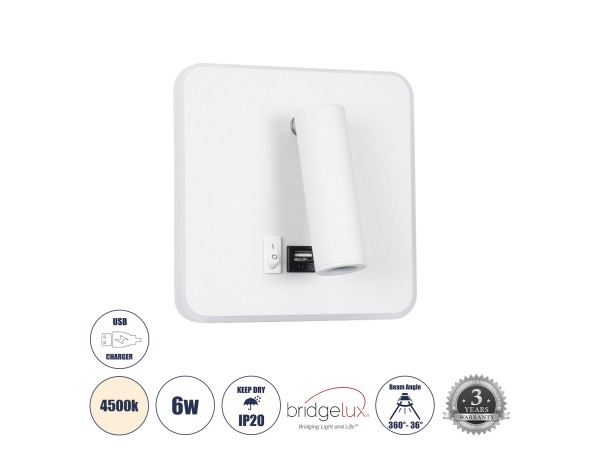 GLOBOSTAR® LADY-S 60943 Μοντέρνο Φωτιστικό Τοίχου - Απλίκα Ξενοδοχείου Reading Light με Φορτιστή USB 3A LED 6W 600lm 36° & 360° AC 220-240V IP20 Φυσικό Λευκό 4500K - Bridgelux COB Chip & TÜV SÜD Driver - Λευκό Ματ - Μ15 x Π15 x Υ7cm - 3 Χρόνια Εγγύηση GLOBOSTAR® LADY-S 60943 Μοντέρνο Φωτιστικό Τοίχου - Απλίκα Ξενοδοχείου Reading Light με Φορτιστή USB 3A LED 6W 600lm 36° & 360° AC 220-240V IP20 Φυσικό Λευκό 4500K - Bridgelux COB Chip & TÜV SÜD Driver - Λευκό Ματ - Μ15 x Π15 x Υ7cm - 3 Χρόνια Εγγύηση