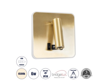 GLOBOSTAR® LADY-S 60944 Μοντέρνο Φωτιστικό Τοίχου - Απλίκα Ξενοδοχείου Reading Light με Φορτιστή USB 3A LED 6W 600lm 36°/360° AC 220-240V IP20 Φυσικό Λευκό 4500K - Bridgelux COB Chip & TÜV SÜD Driver - Χρυσό Πλατίνα - Μ15 x Π15 x Υ7cm - 3 Χρόνια Εγγύηση