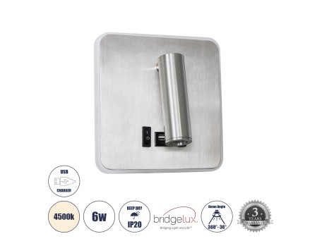 GLOBOSTAR® LADY-S 60945 Μοντέρνο Φωτιστικό Τοίχου - Απλίκα Ξενοδοχείου Reading Light με Φορτιστή USB 3A LED 6W 600lm 36° & 360° AC 220-240V IP20 Φυσικό Λευκό 4500K - Bridgelux COB Chip & TÜV SÜD Driver - Νίκελ Βούρτσας - Μ15 x Π15 x Υ7cm - 3 Χρόνια Εγγύησ
