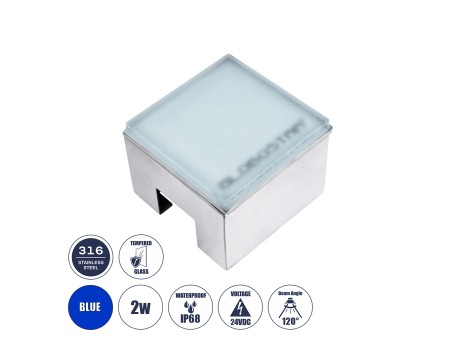 GLOBOSTAR® CYBOLITHOS 60946 Χωνευτό Αρχιτεκτονικο Φωτιστικό Σποτ Δαπέδου LED 2W 170lm 120° DC 24V Αδιάβροχο IP68 IK06 Μπλε Dimmable - Bridgelux SMD Chip - Γαλακτερό Tempered Glass & Ανοξείδωτο Ατσάλι SS316 - Μ10 x Π10x Υ8cm / Q10 x 10cm - 3 Χρόνια Εγγύηση