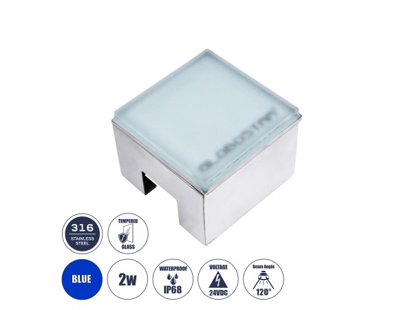 GLOBOSTAR® CYBOLITHOS 60946 Χωνευτό Αρχιτεκτονικο Φωτιστικό Σποτ Δαπέδου LED 2W 170lm 120° DC 24V Αδιάβροχο IP68 IK06 Μπλε Dimmable - Bridgelux SMD Chip - Γαλακτερό Tempered Glass & Ανοξείδωτο Ατσάλι SS316 - Μ10 x Π10x Υ8cm / Q10 x 10cm - 3 Χρόνια Εγγύηση