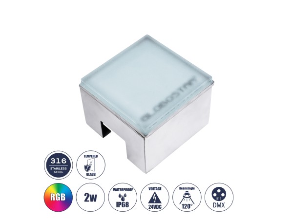GLOBOSTAR® CYBOLITHOS 60948 Χωνευτό Αρχιτεκτονικο Φωτιστικό Σποτ Δαπέδου LED 2W 170lm 120° DC 24V Αδιάβροχο IP68 IK06 Πολύχρωμο RGB Dimmable DMX512 - Bridgelux SMD Chip - Γαλακτερό Tempered Glass & Ανοξείδωτο Ατσάλι SS316 - Μ10 x Π10x Υ8cm / Q10 x 10cm - 