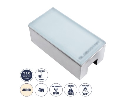 GLOBOSTAR® CYBOLITHOS 60950 Χωνευτό Αρχιτεκτονικο Φωτιστικό Σποτ Δαπέδου LED 4W 460lm 120° DC 24V Αδιάβροχο IP68 IK06 Φυσικό Λευκό 4500K Dimmable - Bridgelux SMD Chip - Γαλακτερό Tempered Glass & Ανοξείδωτο Ατσάλι SS316 - Μ20 x Π10x Υ8cm / Q20 x 10cm - 3 