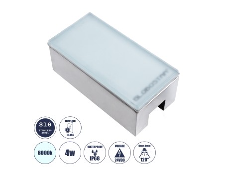 GLOBOSTAR® CYBOLITHOS 60951 Χωνευτό Αρχιτεκτονικο Φωτιστικό Σποτ Δαπέδου LED 4W 480lm 120° DC 24V Αδιάβροχο IP68 IK06 Ψυχρό Λευκό 6000K Dimmable - Bridgelux SMD Chip - Γαλακτερό Tempered Glass & Ανοξείδωτο Ατσάλι SS316 - Μ20 x Π10x Υ8cm / Q20 x 10cm - 3 Χ