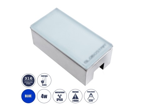 GLOBOSTAR® CYBOLITHOS 60952 Χωνευτό Αρχιτεκτονικο Φωτιστικό Σποτ Δαπέδου LED 4W 340lm 120° DC 24V Αδιάβροχο IP68 IK06 Μπλε Dimmable - Bridgelux SMD Chip - Γαλακτερό Tempered Glass & Ανοξείδωτο Ατσάλι SS316 - Μ20 x Π10x Υ8cm / Q20 x 10cm - 3 Χρόνια Εγγύηση