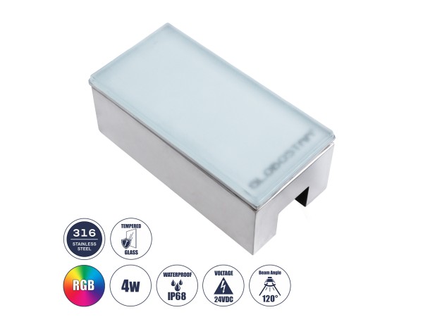 GLOBOSTAR® CYBOLITHOS 60953 Χωνευτό Αρχιτεκτονικο Φωτιστικό Σποτ Δαπέδου LED 4W 340lm 120° DC 24V Αδιάβροχο IP68 IK06 Πολύχρωμο RGB Dimmable - Bridgelux SMD Chip - Γαλακτερό Tempered Glass & Ανοξείδωτο Ατσάλι SS316 - Μ20 x Π10x Υ8cm / Q20 x 10cm - 3 Χρόνι