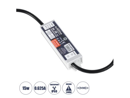 GloboStar® 60960 Αδιάβροχο Τροφοδοτικό SELV για Προϊόντα Φωτισμού LED 15W 0.625A - AC 220-240V σε DC 24V με 1.2m VDE Καλώδιο Παροχής & Εξόδου Τροφοδοσίας - Αδιάβροχο IP68 - M12 x W3 x H2cm  - 3 Χρόνια Εγγύηση