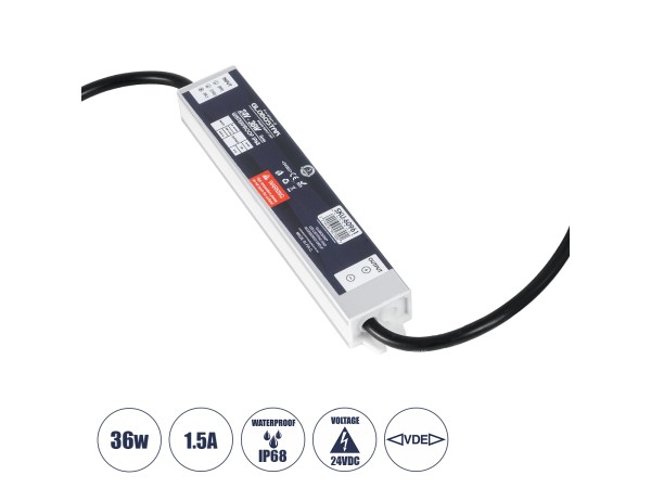 GLOBOSTAR® LUMISPLASH 60961 Τροφοδοτικό/Μετασχηματιστής Class II SELV 36W 1.5A DC 24V Αδιάβροχο IP68 - AC 220-240V σε DC 24V - Μ17 x Π3 x Υ2cm - 3 Χρόνια Εγγύηση