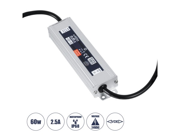 GLOBOSTAR® LUMISPLASH 60962 Τροφοδοτικό/Μετασχηματιστής Class II SELV 60W 2.5A DC 24V Αδιάβροχο IP68 - AC 220-240V σε DC 24V - Μ15 x Π3.5 x Υ2cm - 3 Χρόνια Εγγύηση
