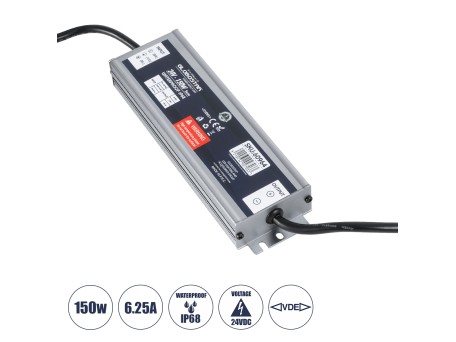 GLOBOSTAR® LUMISPLASH 60964 Τροφοδοτικό/Μετασχηματιστής Class II SELV 150W 6.25A DC 24V Αδιάβροχο IP68 - AC 220-240V σε DC 24V - Μ20 x Π5.5 x Υ2.5cm - 3 Χρόνια Εγγύηση