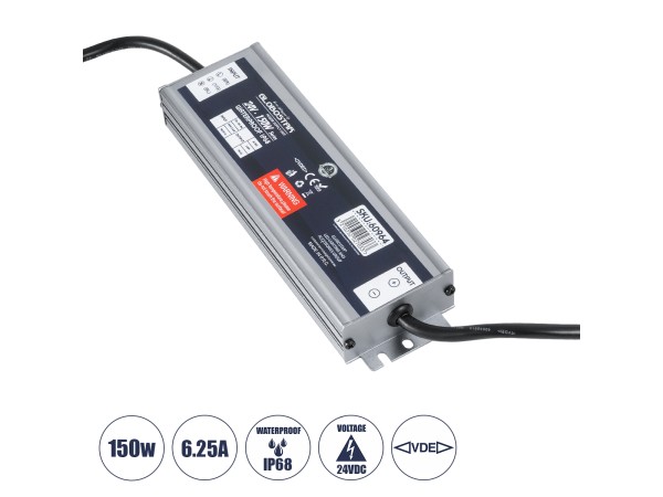GLOBOSTAR® LUMISPLASH 60964 Τροφοδοτικό/Μετασχηματιστής Class II SELV 150W 6.25A DC 24V Αδιάβροχο IP68 - AC 220-240V σε DC 24V - Μ20 x Π5.5 x Υ2.5cm - 3 Χρόνια Εγγύηση