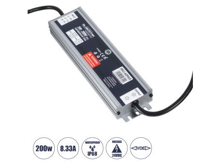 GLOBOSTAR® LUMISPLASH 60965 Τροφοδοτικό/Μετασχηματιστής Class II SELV 200W 8.33A DC 24V Αδιάβροχο IP68 - AC 220-240V σε DC 24V - Μ21.5 x Π5.5 x Υ2.5cm - 3 Χρόνια Εγγύηση