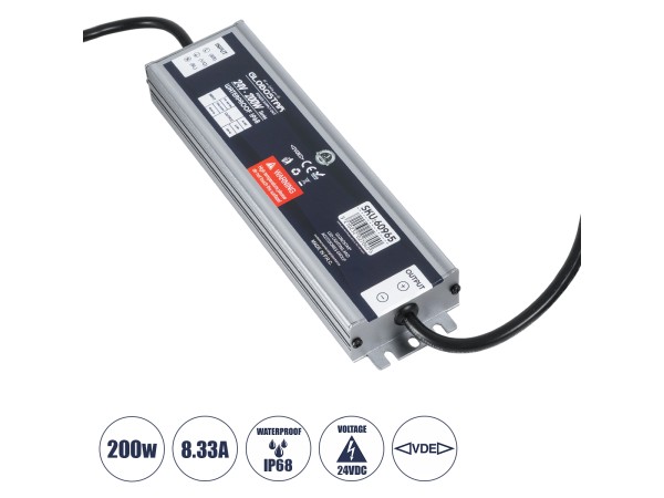 GLOBOSTAR® LUMISPLASH 60965 Τροφοδοτικό/Μετασχηματιστής Class II SELV 200W 8.33A DC 24V Αδιάβροχο IP68 - AC 220-240V σε DC 24V - Μ21.5 x Π5.5 x Υ2.5cm - 3 Χρόνια Εγγύηση
