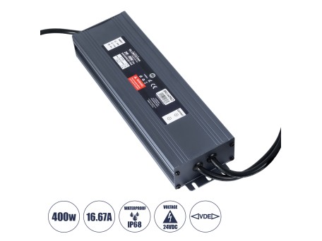 GLOBOSTAR® LUMISPLASH 60967 Τροφοδοτικό/Μετασχηματιστής Class II SELV 400W 16.67A DC 24V Αδιάβροχο IP68 - AC 220-240V σε DC 24V - M25.5 x W7.5 x H4cm - 3 Χρόνια Εγγύηση