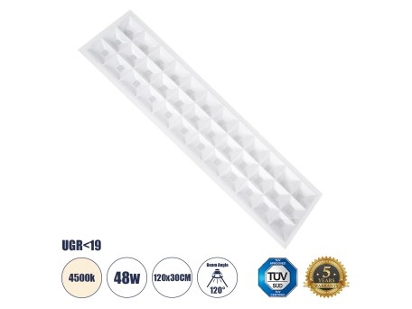 GLOBOSTAR® ZEUS 60972 Χωνευτό Panel Οροφής 120x30 με Anti Glare Reflector LED 48W 7200lm 120° CRI≥85Ra UGR<19 AC 220-240V IP44 Φυσικό Λευκό 4500K - Lumileds SMD Chip & TÜV SÜD Driver - Λευκό Γαλακτερό - Μ120 x Π30 x Υ3.3cm / Q116 x 26cm - 5 Χρόνια Εγγύηση