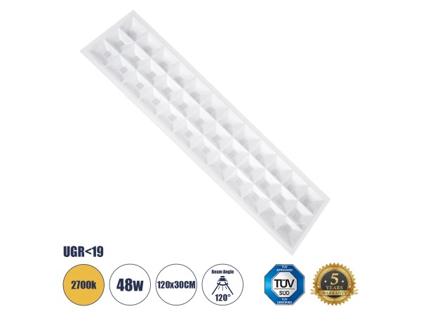 GLOBOSTAR® ZEUS 60973 Χωνευτό Panel Οροφής 120x30 με Anti Glare Reflector LED 48W 6960lm 120° CRI≥85Ra UGR<19 AC 220-240V IP20 Θερμό Λευκό 2700K - Lumileds SMD Chip & TÜV SÜD Driver - Λευκό Γαλακτερό - Μ120 x Π30 x Υ3.3cm / Q116 x 26cm - 5 Χρόνια Εγγύηση