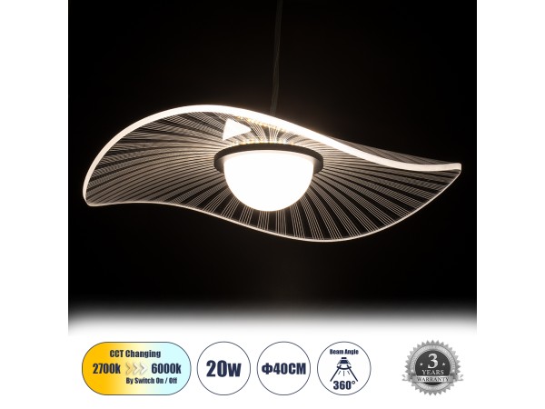 GLOBOSTAR® ACRYLICA 60974 Μοντέρνο Κρεμαστό Φωτιστικό Οροφής LED 20W 2240lm 360° AC 220-240V IP20 Ρυθμιζόμενο Λευκό CCT με On/Off 2700K/4500K/6000K - Lumileds SMD Chip - Διάφανο & Μαύρο Ματ - Μ40 x Π40 x Υ6.5cm - 3 Χρόνια Εγγύηση