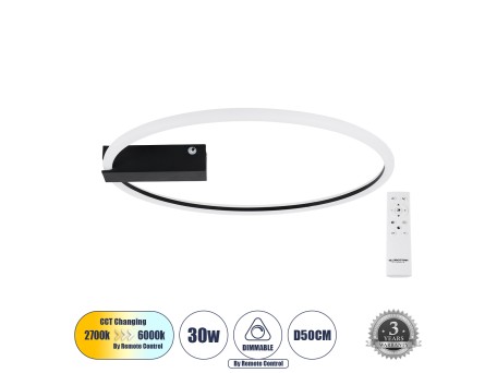 GLOBOSTAR® CINDERELLA 60980 Μοντέρνο Φωτιστικό Οροφής LED 30W 3360lm 360° AC 220-240V IP20 Ρυθμιζόμενο Λευκό CCT με Χειριστήριο από 2700K έως 6000K Dimmable - Lumileds SMD Chip - Μαύρο Ματ - Μ50 x Π50 x Υ5cm - 3 Χρόνια Εγγύηση