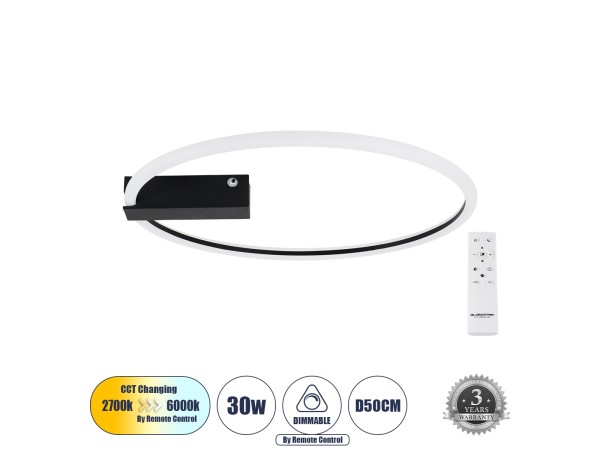 GLOBOSTAR® CINDERELLA 60980 Μοντέρνο Φωτιστικό Οροφής LED 30W 3360lm 360° AC 220-240V IP20 Ρυθμιζόμενο Λευκό CCT με Χειριστήριο από 2700K έως 6000K Dimmable - Lumileds SMD Chip - Μαύρο Ματ - Μ50 x Π50 x Υ5cm - 3 Χρόνια Εγγύηση