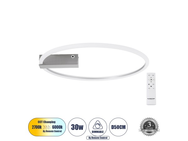 GLOBOSTAR® CINDERELLA 60983 Μοντέρνο Φωτιστικό Οροφής LED 30W 3360lm 360° AC 220-240V IP20 Ρυθμιζόμενο Λευκό CCT με Χειριστήριο από 2700K έως 6000K Dimmable - Lumileds SMD Chip - Νίκελ Βούρτσας - Μ50 x Π50 x Υ5cm - 3 Χρόνια Εγγύηση