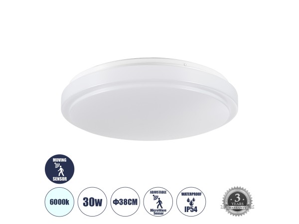 GLOBOSTAR® SENSORANO 60994 Φωτιστικό Πλαφονιέρα Οροφής με Ανιχνευτή Microwave / Αισθητήρα Κίνησης LED 30W 3000lm 120° AC 220-240V Αδιάβροχο IP54 Ψυχρό Λευκό 6000K - Lumileds SMD Chip - Λευκό Γαλακτερό - Μ38 x Π38 x Υ5.3cm - 3 Χρόνια Εγγύηση