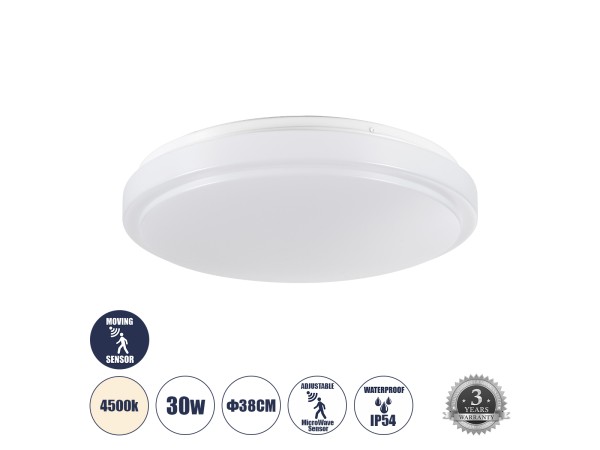 GLOBOSTAR® SENSORANO 60995 Φωτιστικό Πλαφονιέρα Οροφής με Ανιχνευτή Microwave / Αισθητήρα Κίνησης LED 30W 3000lm 120° AC 220-240V Αδιάβροχο IP54 Φυσικό Λευκό 4500K - Lumileds SMD Chip - Λευκό Γαλακτερό - Μ38 x Π38 x Υ5.3cm - 3 Χρόνια Εγγύηση