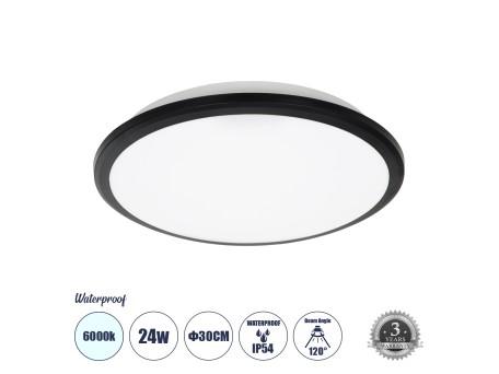 GLOBOSTAR® TUFFIN 60996 Φωτιστικό Πλαφονιέρα Οροφής LED 24W 2760lm 120° AC 220-240V Αδιάβροχο IP54 Ψυχρό Λευκό 6000K - Lumileds SMD Chip - Μαύρο Ματ & Λευκό Γαλακτερό - Μ30 x Π30 x Υ6.5cm - 3 Χρόνια Εγγύηση