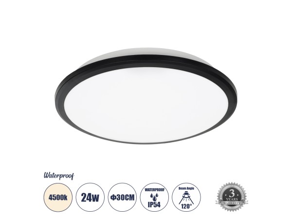 GLOBOSTAR® TUFFIN 60997 Φωτιστικό Πλαφονιέρα Οροφής LED 24W 2640lm 120° AC 220-240V Αδιάβροχο IP54 Φυσικό Λευκό 4500K - Lumileds SMD Chip - Μαύρο Ματ & Λευκό Γαλακτερό - Μ30 x Π30 x Υ6.5cm - 3 Χρόνια Εγγύηση