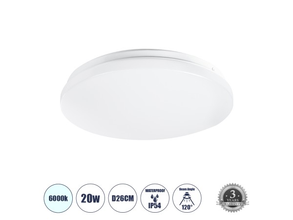 GLOBOSTAR® CELANO 61005 Φωτιστικό Πλαφονιέρα Οροφής LED 20W 2000lm 120° AC 220-240V Αδιάβροχο IP54 Ψυχρό Λευκό 6000K - Lumileds SMD Chip - Λευκό Γαλακτερό - Μ26 x Π26 x Υ6cm - 3 Χρόνια Εγγύηση