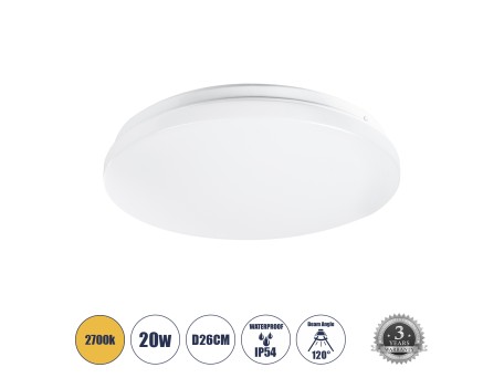 GLOBOSTAR® CELANO 61007 Μοντέρνο Φωτιστικό Οροφής LED 20W 1800lm 120° AC 220-240V Αδιάβροχο IP54 Θερμό Λευκό 2700K - Lumileds SMD Chip - Λευκό Γαλακτερό - Μ26 x Π26 x Υ6cm - 3 Χρόνια Εγγύηση