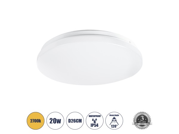 GLOBOSTAR® CELANO 61007 Φωτιστικό Πλαφονιέρα Οροφής LED 20W 2400lm 120° AC 220-240V Αδιάβροχο IP54 Θερμό Λευκό 2700K - Lumileds SMD Chip - Λευκό Γαλακτερό - Μ26 x Π26 x Υ6cm - 3 Χρόνια Εγγύηση