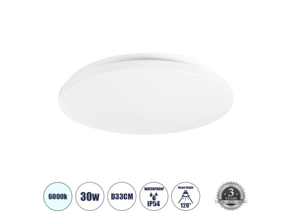 GLOBOSTAR® CELANO 61008 Φωτιστικό Πλαφονιέρα Οροφής LED 30W 3000lm 120° AC 220-240V Αδιάβροχο IP54 Ψυχρό Λευκό 6000K - Lumileds SMD Chip - Λευκό Γαλακτερό - Μ33 x Π33 x Υ6cm - 3 Χρόνια Εγγύηση