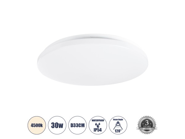 GLOBOSTAR® CELANO 61009 Φωτιστικό Πλαφονιέρα Οροφής LED 30W 2850lm 120° AC 220-240V Αδιάβροχο IP54 Φυσικό Λευκό 4500K - Lumileds SMD Chip - Λευκό Γαλακτερό - Μ33 x Π33 x Υ6cm - 3 Χρόνια Εγγύηση