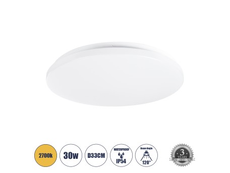 GLOBOSTAR® CELANO 61010 Φωτιστικό Πλαφονιέρα Οροφής LED 30W 2700lm 120° AC 220-240V Αδιάβροχο IP54 Θερμό Λευκό 2700K - Lumileds SMD Chip - Λευκό Γαλακτερό - Μ33 x Π33 x Υ6cm - 3 Χρόνια Εγγύηση