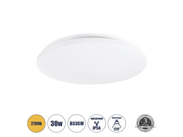 GLOBOSTAR® CELANO 61010 Φωτιστικό Πλαφονιέρα Οροφής LED 30W 2700lm 120° AC 220-240V Αδιάβροχο IP54 Θερμό Λευκό 2700K - Lumileds SMD Chip - Λευκό Γαλακτερό - Μ33 x Π33 x Υ6cm - 3 Χρόνια Εγγύηση