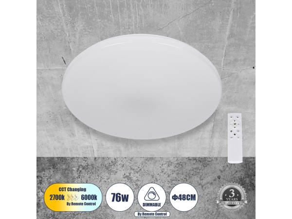 GLOBOSTAR® AVA 61017 Μοντέρνο Φωτιστικό Οροφής LED 76W 7600lm 120° AC 220-240V IP20 Ρυθμιζόμενο Λευκό CCT με Χειριστήριο από 2700K έως 6000K Dimmable - Lumileds SMD Chip - Λευκό Ματ - Μ48 x Π48 x Υ6.5cm - 3 Χρόνια Εγγύηση