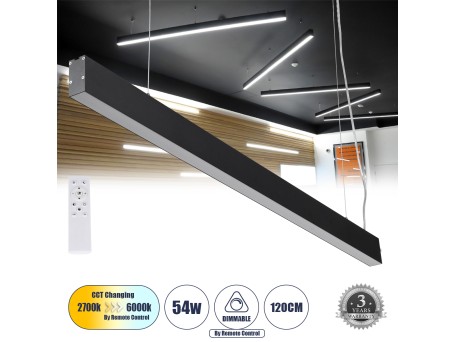 GLOBOSTAR® FELIX 61028-P Μοντέρνο Γραμμικό Κρεμαστό Φωτιστικό Οροφής LED 54W 6500lm 120° AC 220-240V IP20 Ρυθμιζόμενο Λευκό CCT με Χειριστήριο από 2700K έως 6000K Dimmable - Lumileds SMD Chip - Μαύρο Ματ - Μ120 x Π3.5 x Υ7cm - 3 Χρόνια Εγγύηση