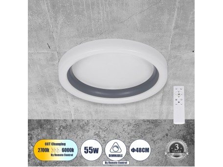 GLOBOSTAR® ARIANA 61036 Μοντέρνο Φωτιστικό Οροφής LED 55W 6376lm 120° AC 220-240V IP20 Ρυθμιζόμενο Λευκό CCT με Χειριστήριο από 2700K έως 6000K Dimmable - Lumileds SMD Chip - Γκρι - Μ48 x Π48 x Υ9cm - 3 Χρόνια Εγγύηση