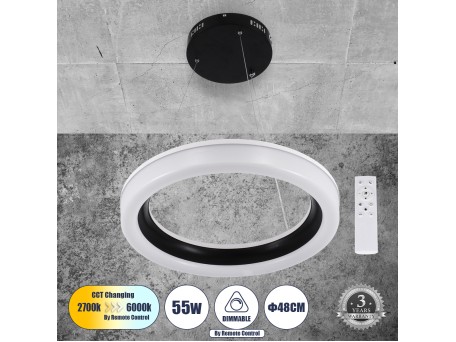 GLOBOSTAR® ARIANA 61037 Μοντέρνο Κρεμαστό Φωτιστικό Οροφής LED 55W 6376lm 120° AC 220-240V IP20 Ρυθμιζόμενο Λευκό CCT με Χειριστήριο από 2700K έως 6000K Dimmable - Lumileds SMD Chip - Μαυρό Ματ - Μ48 x Π48 x Υ6.5cm - 3 Χρόνια Εγγύηση