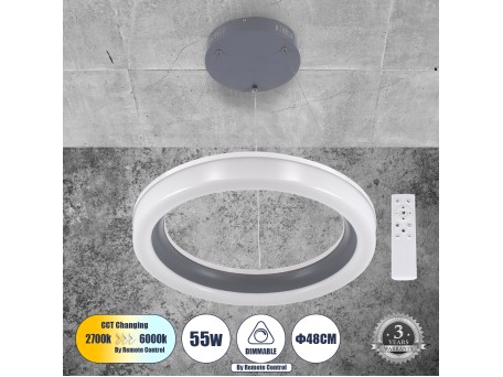 GLOBOSTAR® ARIANA 61039 Μοντέρνο Κρεμαστό Φωτιστικό Οροφής LED 55W 6376lm 120° AC 220-240V IP20 Ρυθμιζόμενο Λευκό CCT με Χειριστήριο από 2700K έως 6000K Dimmable - Lumileds SMD Chip - Γκρι - Μ48 x Π48 x Υ6.5cm - 3 Χρόνια Εγγύηση