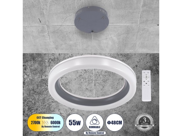 GLOBOSTAR® ARIANA 61039 Μοντέρνο Κρεμαστό Φωτιστικό Οροφής LED 55W 6376lm 120° AC 220-240V IP20 Ρυθμιζόμενο Λευκό CCT με Χειριστήριο από 2700K έως 6000K Dimmable - Lumileds SMD Chip - Γκρι - Μ48 x Π48 x Υ6.5cm - 3 Χρόνια Εγγύηση