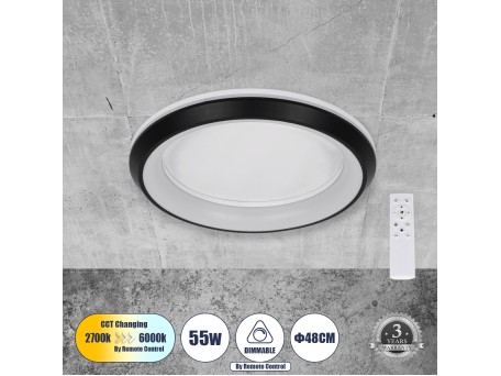 GLOBOSTAR® MELINA 61040 Μοντέρνο Φωτιστικό Οροφής LED 55W 6376lm 120° AC 220-240V IP20 Ρυθμιζόμενο Λευκό CCT με Χειριστήριο από 2700K έως 6000K Dimmable - Lumileds SMD Chip - Μαύρο Ματ - Μ48 x Π48 x Υ9cm - 3 Χρόνια Εγγύηση