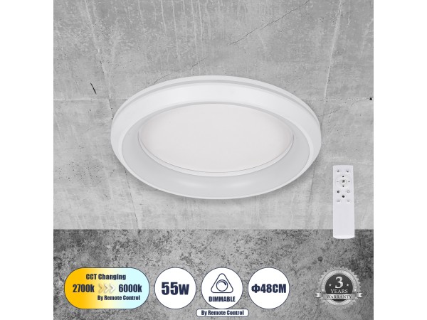 GLOBOSTAR® MELINA 61041 Μοντέρνο Φωτιστικό Οροφής LED 55W 6376lm 120° AC 220-240V IP20 Ρυθμιζόμενο Λευκό CCT με Χειριστήριο από 2700K έως 6000K Dimmable - Lumileds SMD Chip - Λευκό Ματ - Μ48 x Π48 x Υ9cm - 3 Χρόνια Εγγύηση